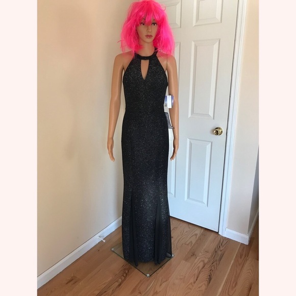 NE Nightway Black + Silver Glitter Knit Teardrop Gown - Picture 5 of 7